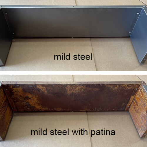 a photo comparing a patina and mild steel finish of square window wells
